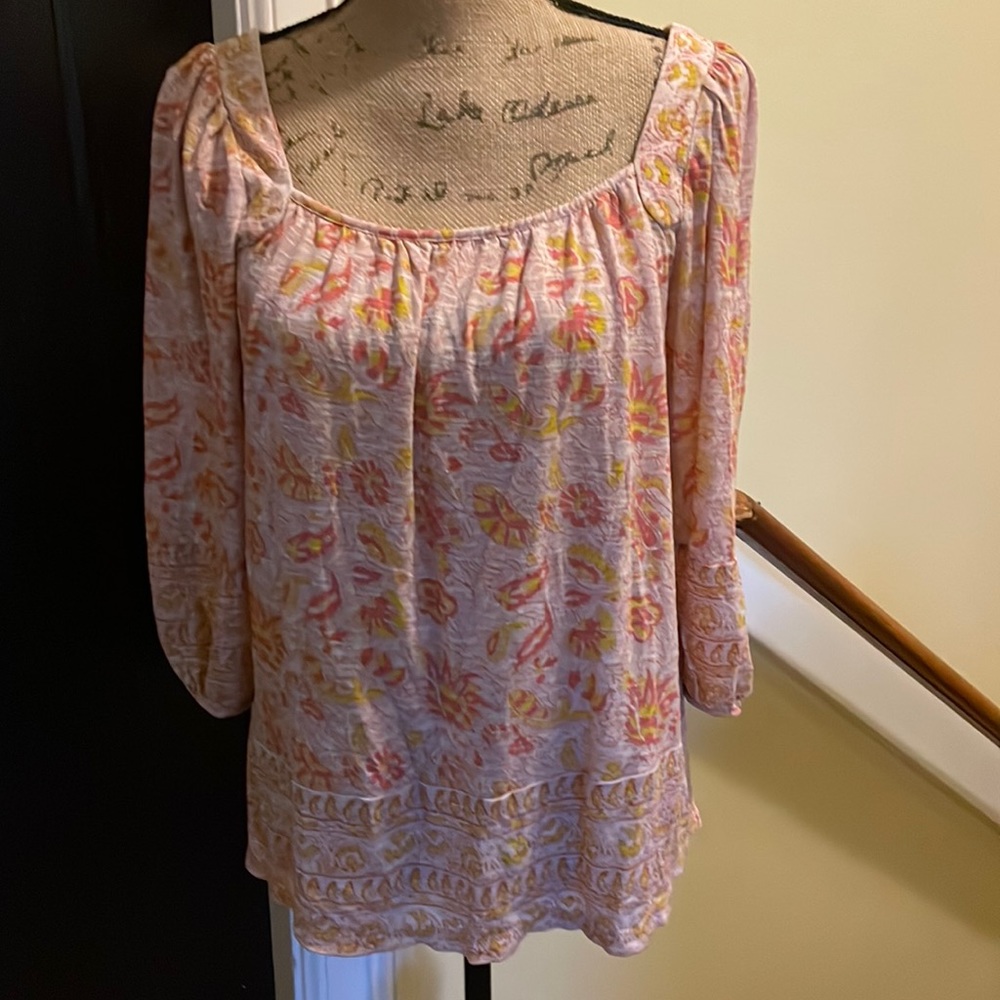 Lucky Brand Pink Floral Peasant Top